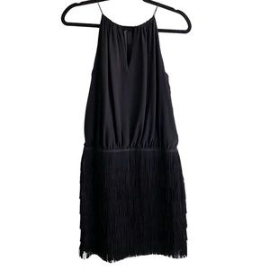 Cache Black Blouson Mini Dress With Fringe Skirt - Size 4